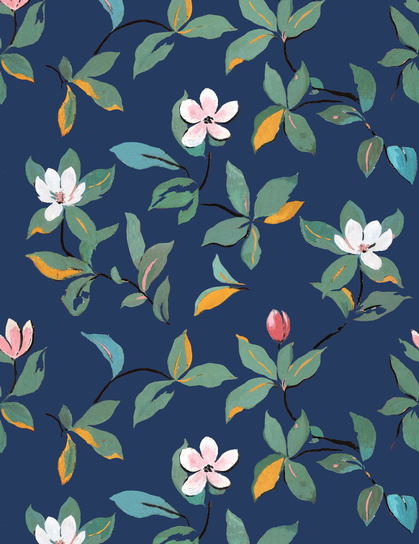 Magnolias Wallpaper by Paule Marrot, Navy, Swatch