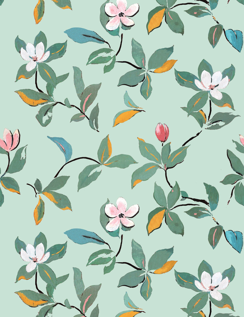 Magnolias Wallpaper by Paule Marrot, Blue, Swatch