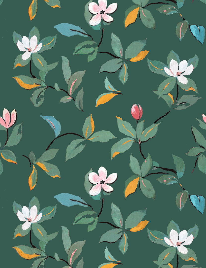 Magnolias Wallpaper by Paule Marrot, Green, Swatch