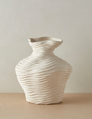 Wrinkle sculptural, textured glazed vase in ivory