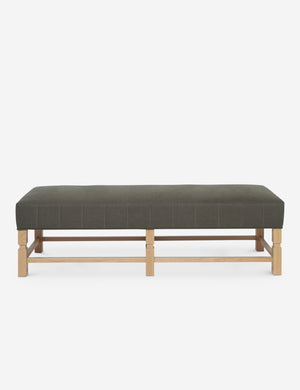 Ambleside upholstered loden gray linen bench with carved detailing on the frame and vertical channeling around the cushion by Ginny Macdonald