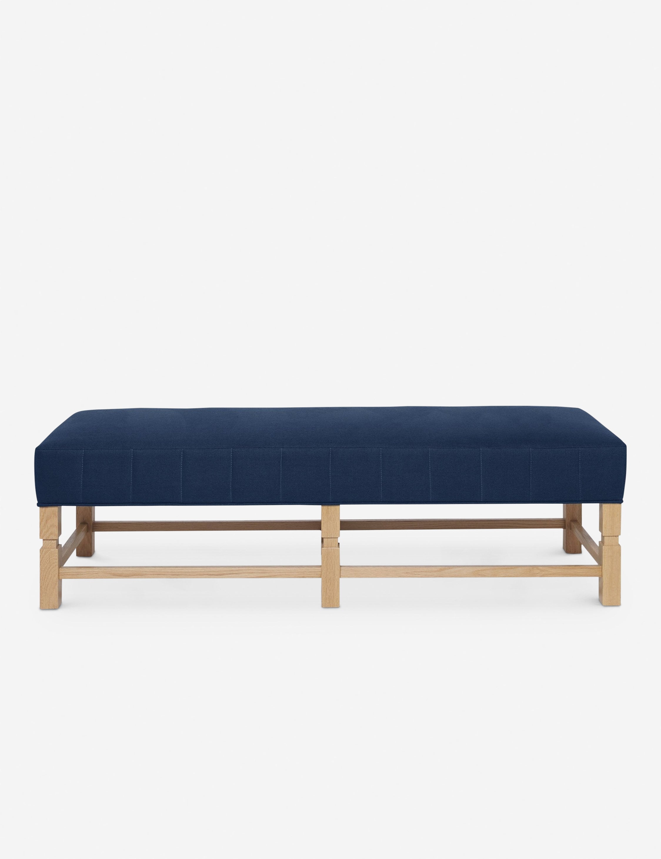 #color::dark-blue | Ambleside Dark Blue linen upholstered bench with carved detailing on the frame and vertical channeling around the cushion by Ginny Macdonald