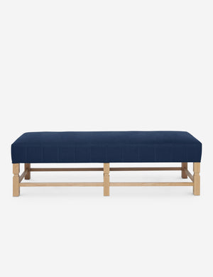 Ambleside Dark Blue linen upholstered bench with carved detailing on the frame and vertical channeling around the cushion by Ginny Macdonald