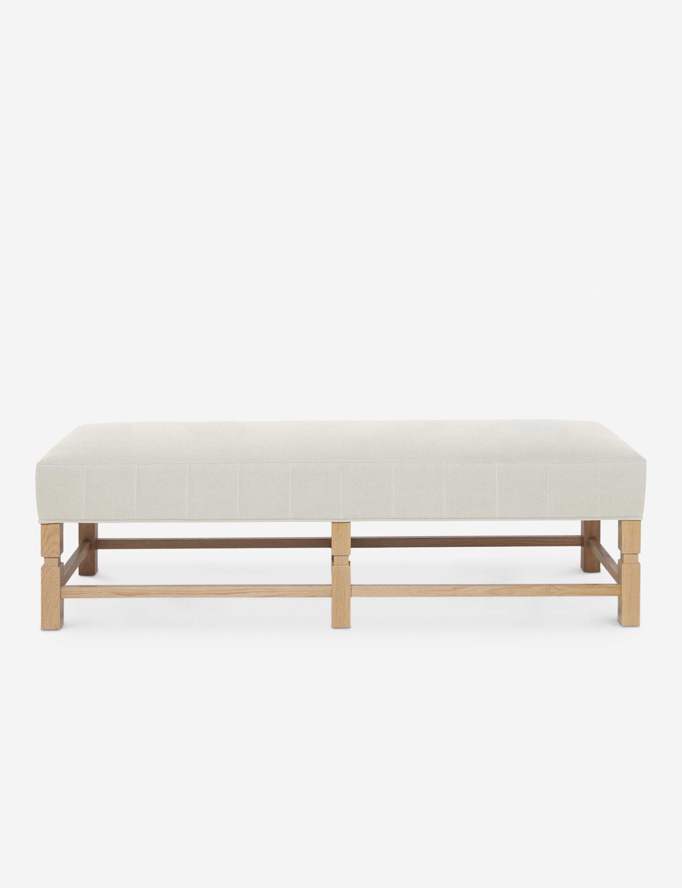 #color::natural | Ambleside Natural linen upholstered bench with carved detailing on the frame and vertical channeling around the cushion by Ginny Macdonald