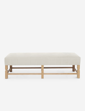 Ambleside Natural linen upholstered bench with carved detailing on the frame and vertical channeling around the cushion by Ginny Macdonald