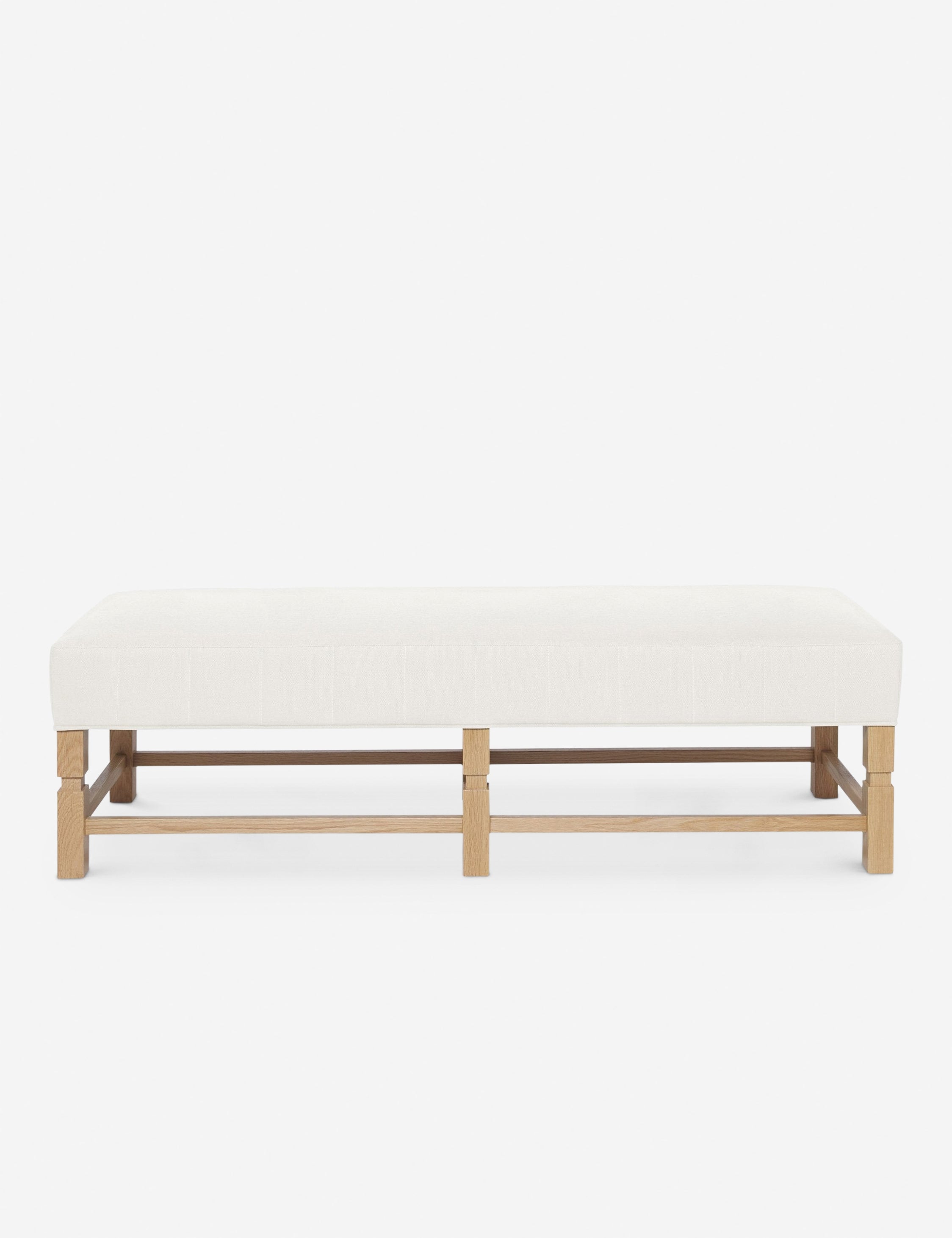#color::oyster | Ambleside Oyster white linen upholstered bench with carved detailing on the frame and vertical channeling around the cushion by Ginny Macdonald