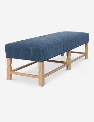 Angled view of the Ambleside Harbor blue velvet bench