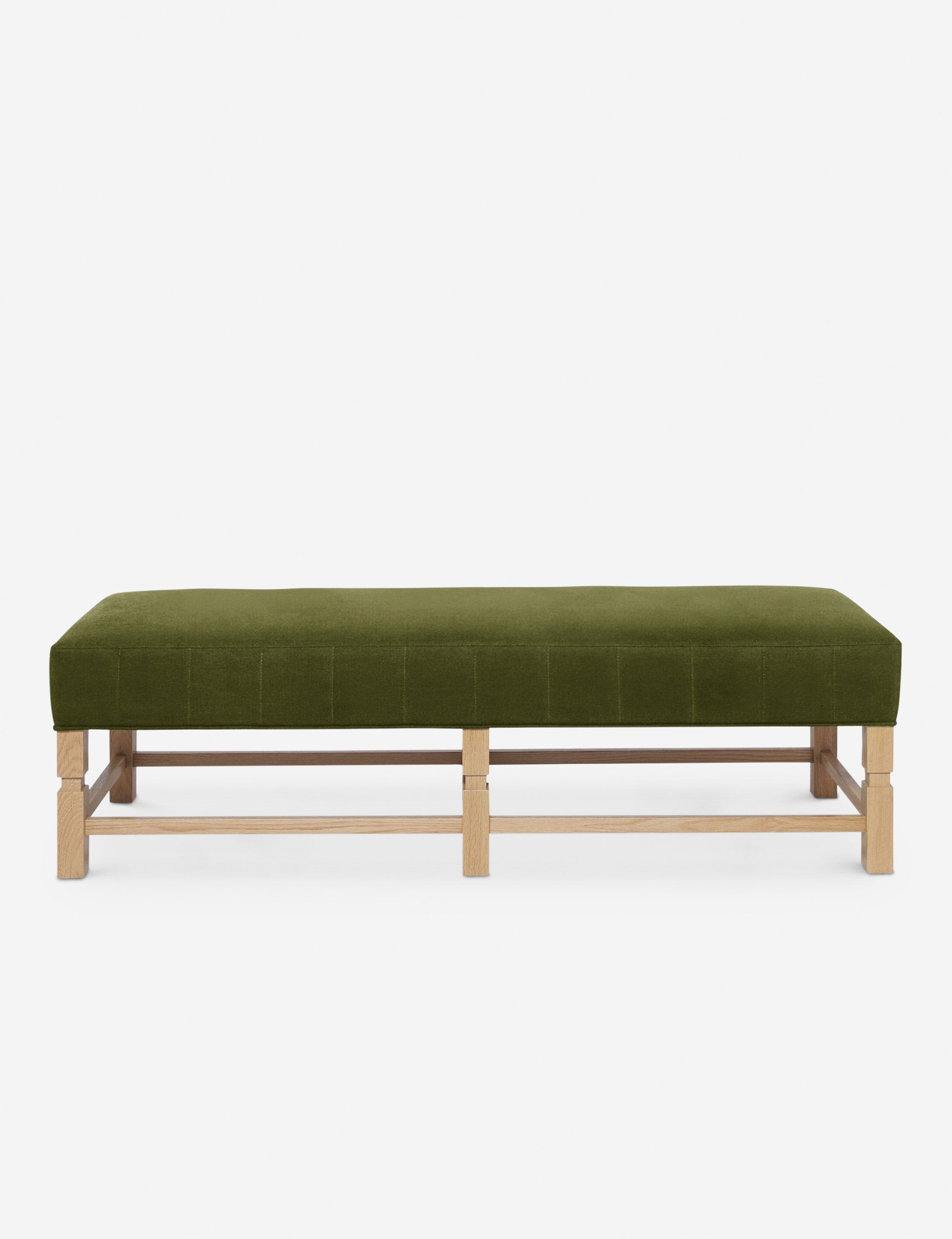 #color::jade | Ambleside Jade green velvet upholstered bench with carved detailing on the frame and vertical channeling around the cushion by Ginny Macdonald