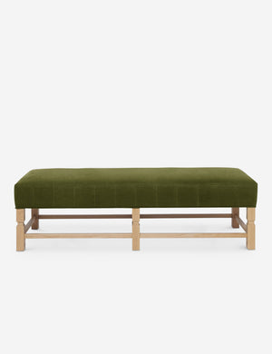 Ambleside Jade green velvet upholstered bench with carved detailing on the frame and vertical channeling around the cushion by Ginny Macdonald