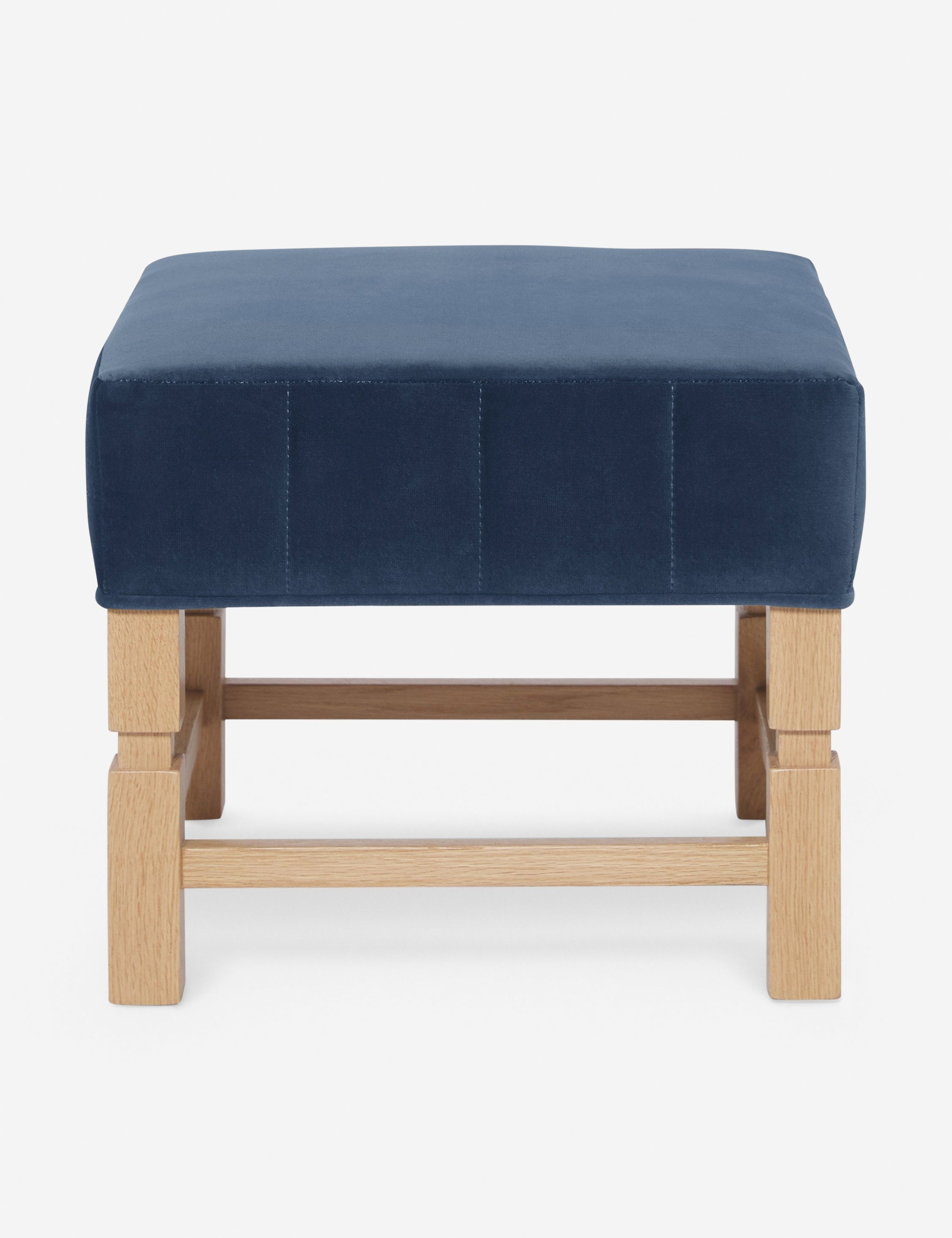 #color::harbor | Ambleside Harbor blue velvet upholstered ottoman by Ginny Macdonald with a carved frame and vertical channeling on the cushion