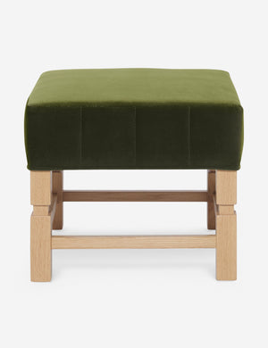 Ambleside Jade green velvet upholstered ottoman by Ginny Macdonald with a carved frame and vertical channeling on the cushion