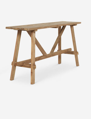 Angled left front view of the Arlene craftsman-style antiqued teak wood console table