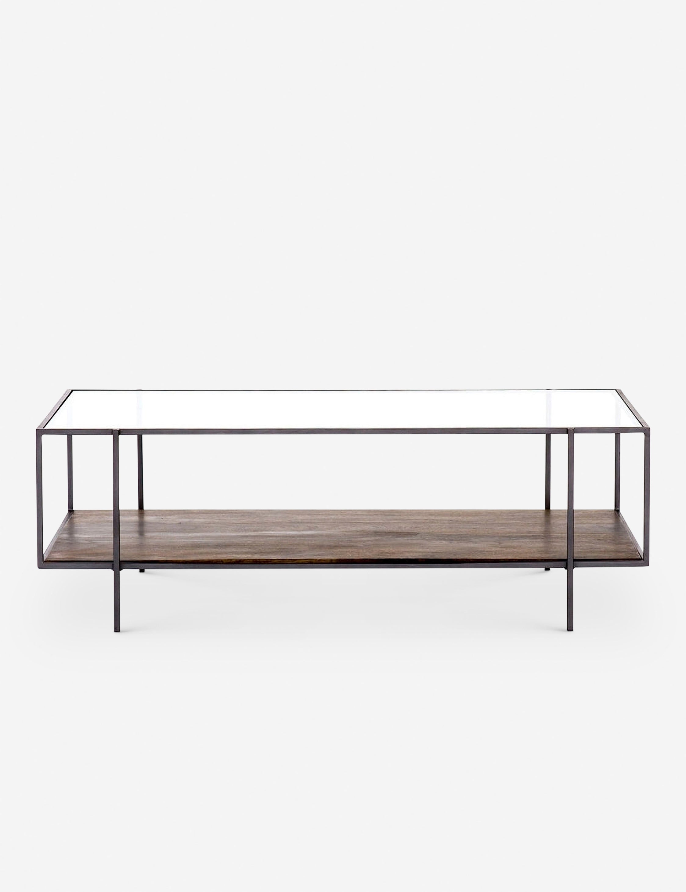 | Asher rectangular coffee table with a lower wooden shelf and top glass shelf
