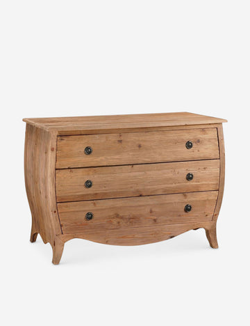 | Bethany three drawer dresser with a curved silhouette and antiqued brass ring pulls