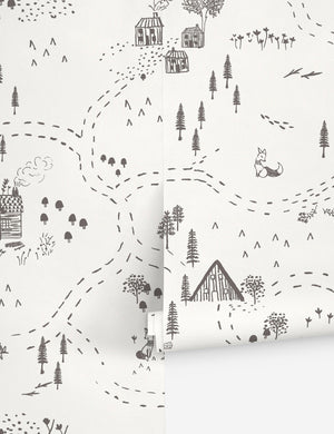 Through the Woods White Wallpaper with gray travel and nature inspired illustrations by Rylee + Cru