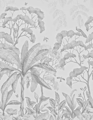 Full view of the Jungle Wallpaper mural in the black and white color.