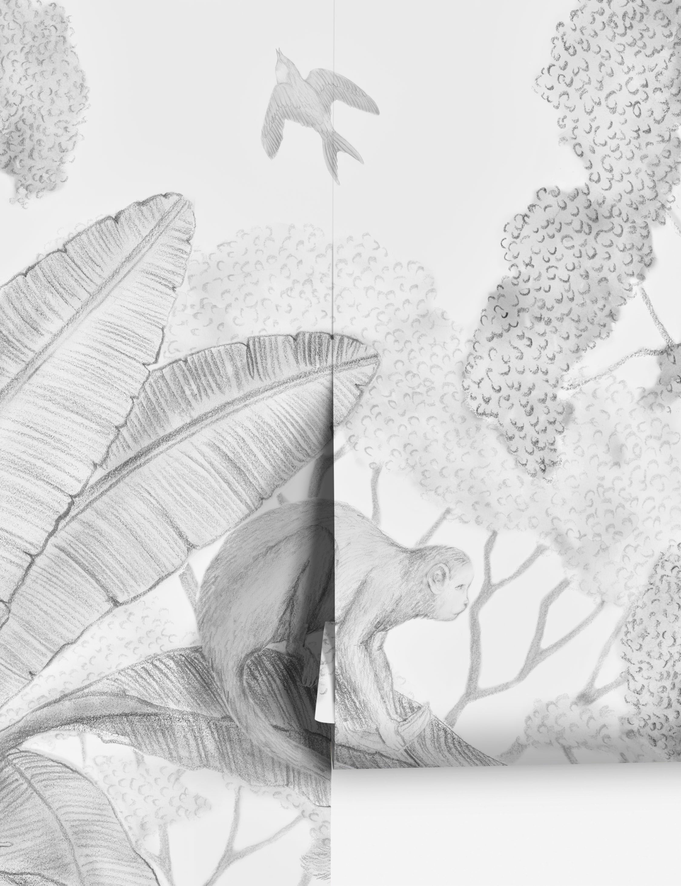 #color::black-+-white | Close up of Jungle Wallpaper Mural in black and white color.
