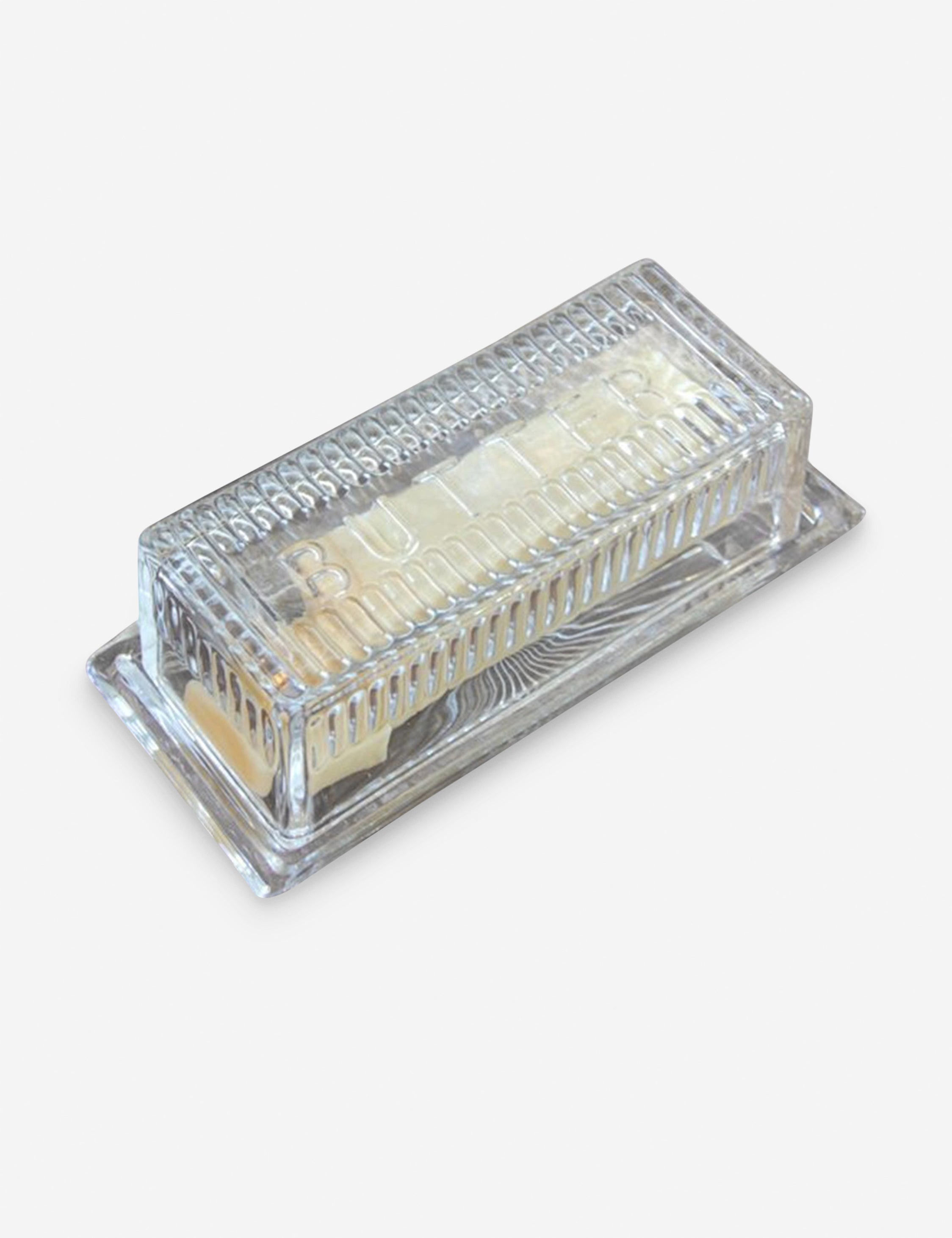 | Classic rectangular glass butter dish.