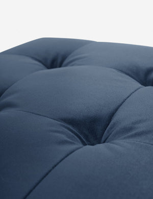 Button tufting on the cushion of the Harbor Blue Velvet Grasmere Ottoman