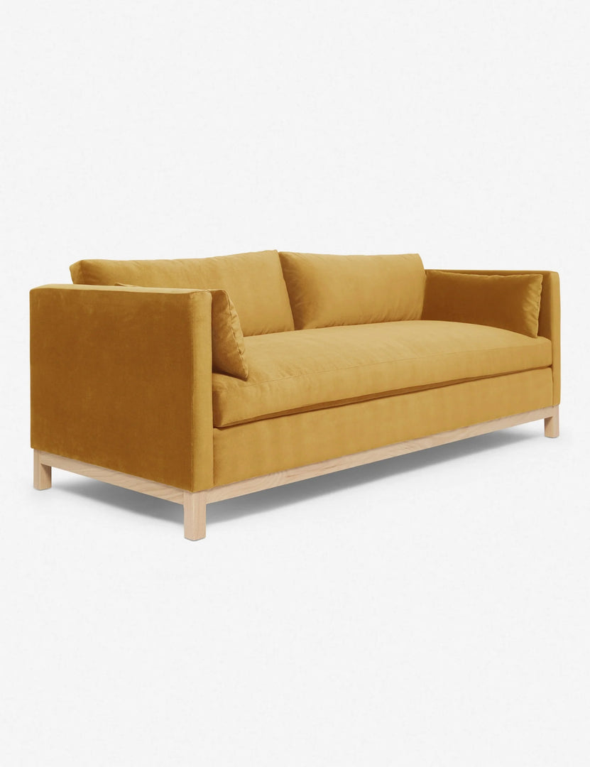 #size::84-W #size::96-W #color::goldenrod-plush-velvet | Angled view of the Goldenrod Velvet Hollingworth Sofa