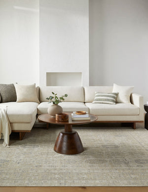 Altin traditional motify wool rug in gray styled in a living room with sofa and coffee table