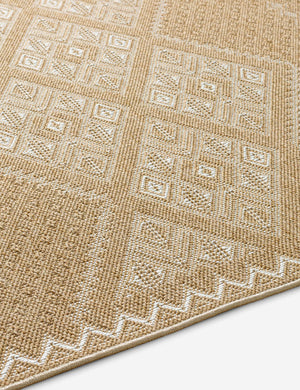 Close up view of the Mesny warm, neutral traditional print indoor/outdoor area rug