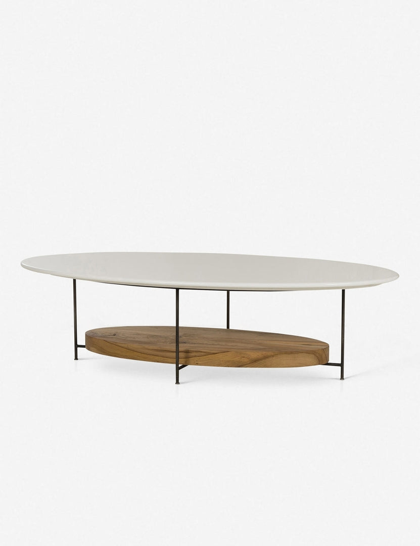 | Thomas Bina oval coffee table with white laquered top, oak shelf and steel frame