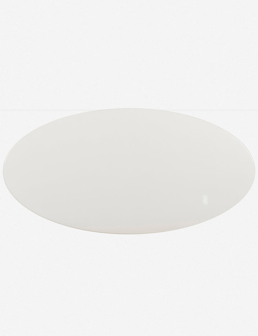 | Bird's-eye view of the Thomas Bina oval coffee table with white laquered top, oak shelf and steel frame
