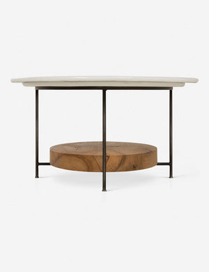 A side view of the Thomas Bina oval coffee table with white laquered top, oak shelf and steel frame