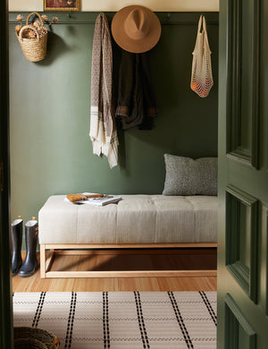 Elin mat lays on a hardwood floor in an entry way with green walls, a gray cushioned bench, and a gray throw pillow