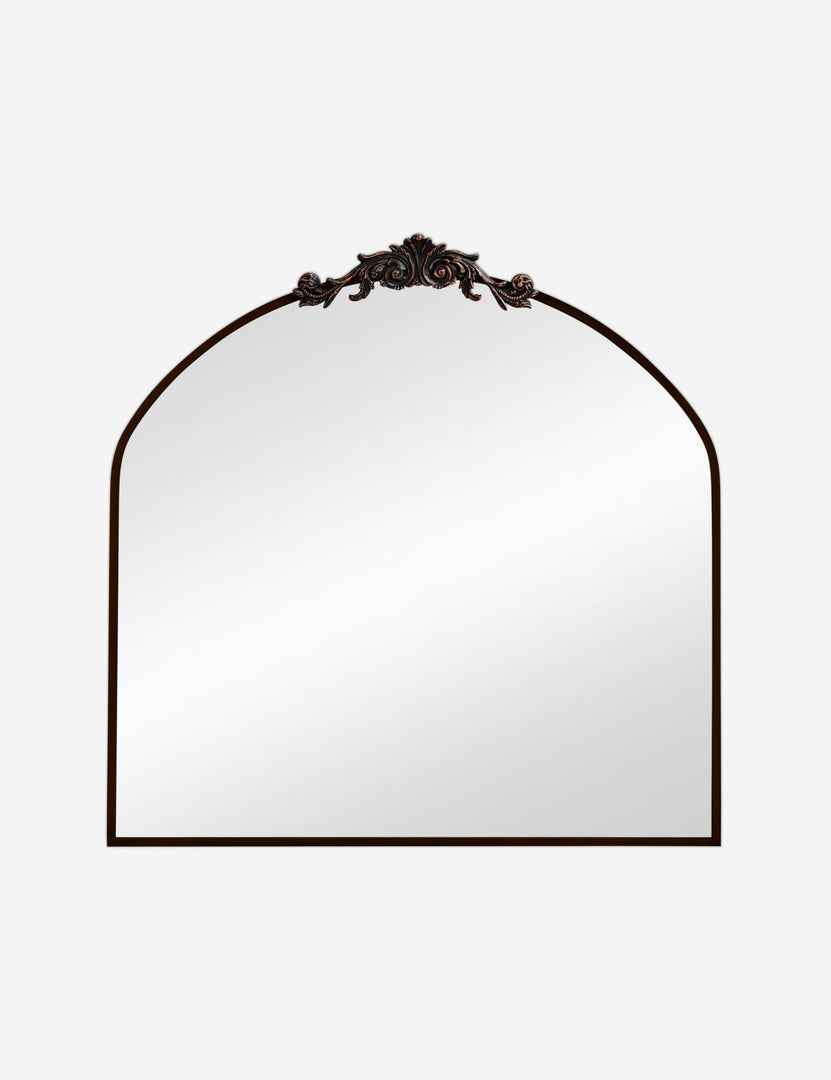 #color::oil-rubbed-bronze | Tulca arched oil rubbed bronze mirror with flat bottom edge and traditional scroll detailing.
