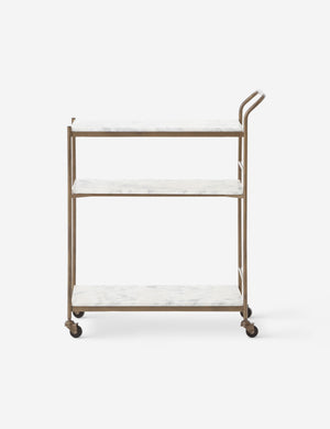 Evander brass frame and white marble bar cart.