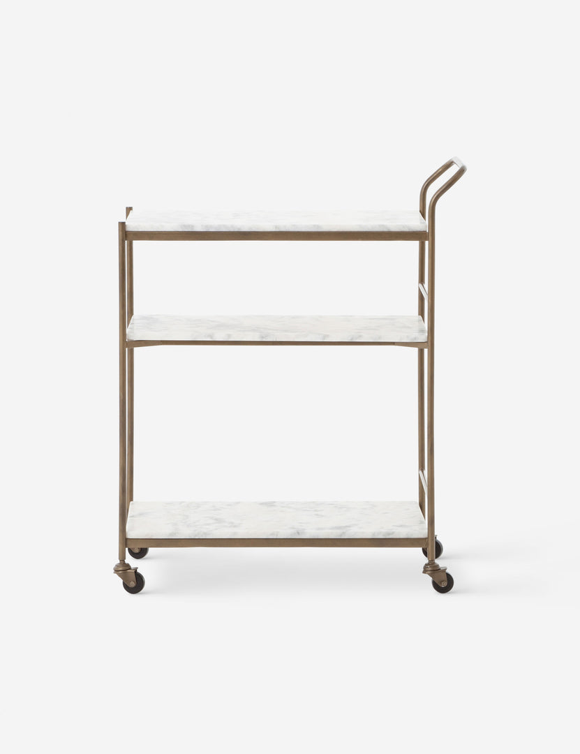 #color::antique-brass | Evander brass frame and white marble bar cart.