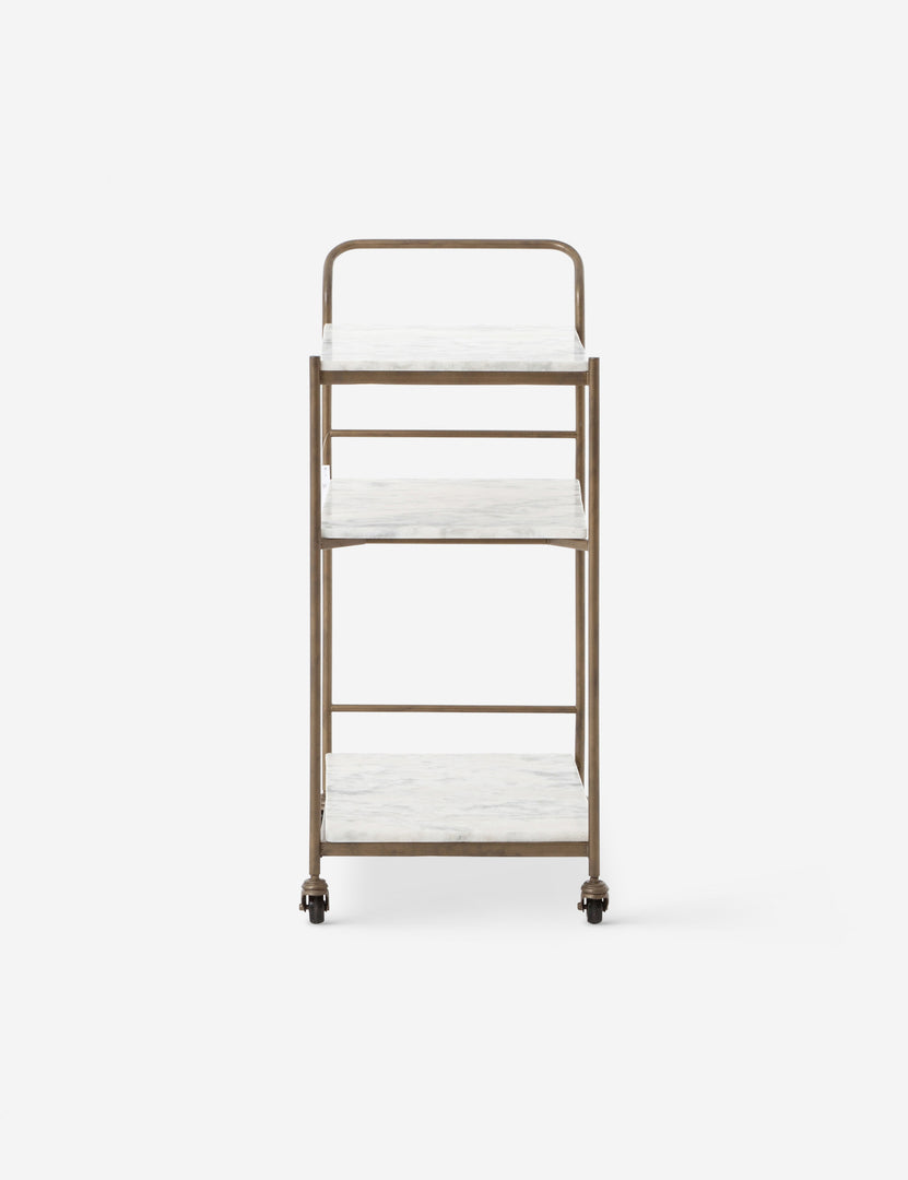 #color::antique-brass | Side view of the Evander brass frame and white marble bar cart.
