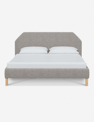 Kipp Moonlight Gray Boucle upholstered platform bed with a geometric headboard and pinewood legs