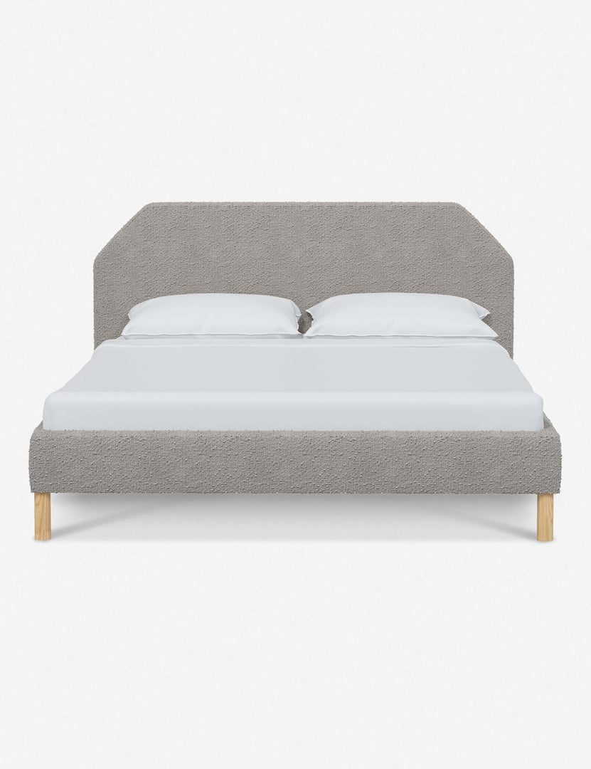 #color::moonlight-boucle #size::full #size::queen #size::king #size::cal-king | Kipp Moonlight Gray Boucle upholstered platform bed with a geometric headboard and pinewood legs