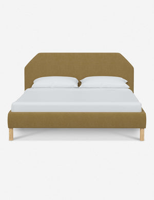 Kipp Sesame Yellow Linen upholstered platform bed with a geometric headboard and pinewood legs