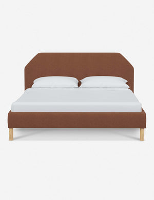 Kipp Terracotta Linen upholstered platform bed with a geometric headboard and pinewood legs