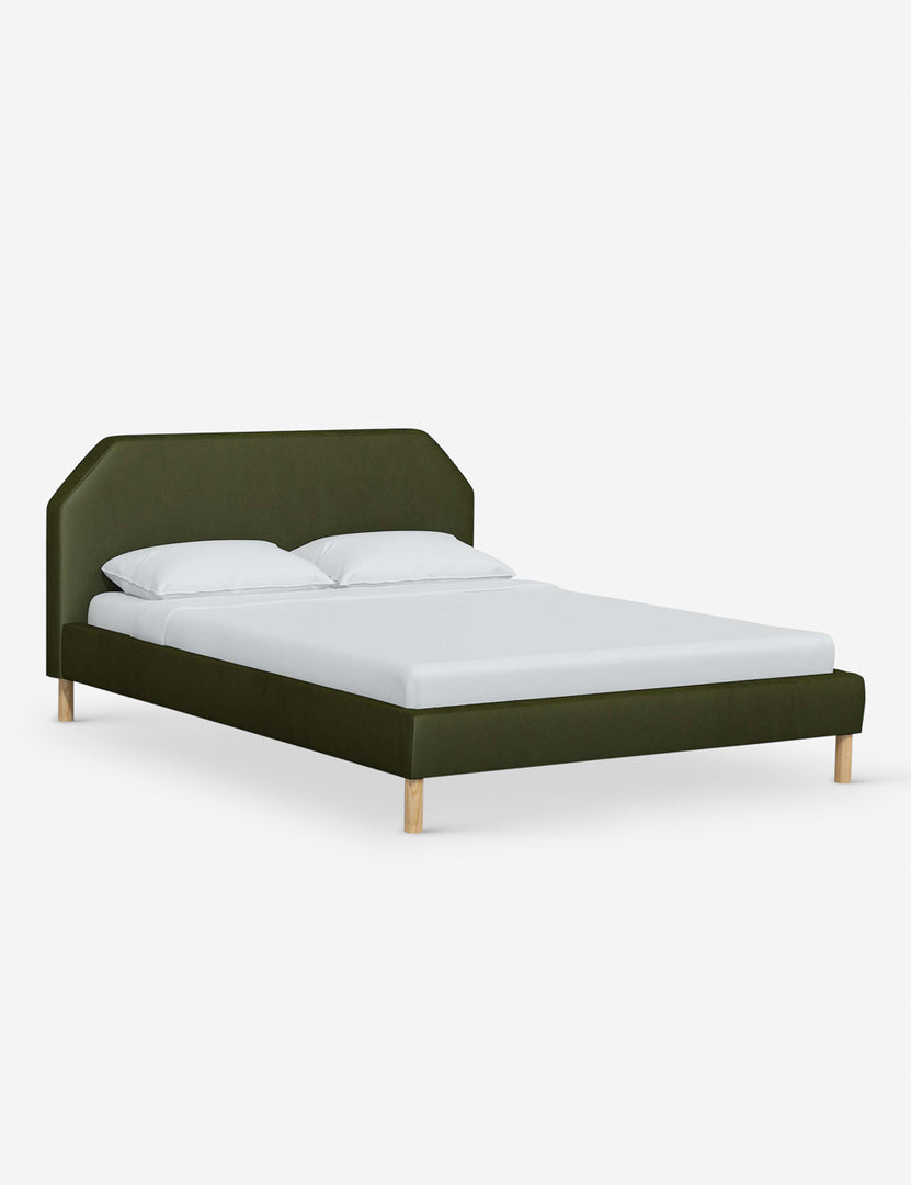 #color::pine-velvet #size::full #size::queen #size::king #size::cal-king | Angled view of the Kipp Pine Green Velvet platform bed