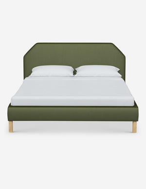 Kipp Pine Green Velvet upholstered platform bed with a geometric headboard and pinewood legs