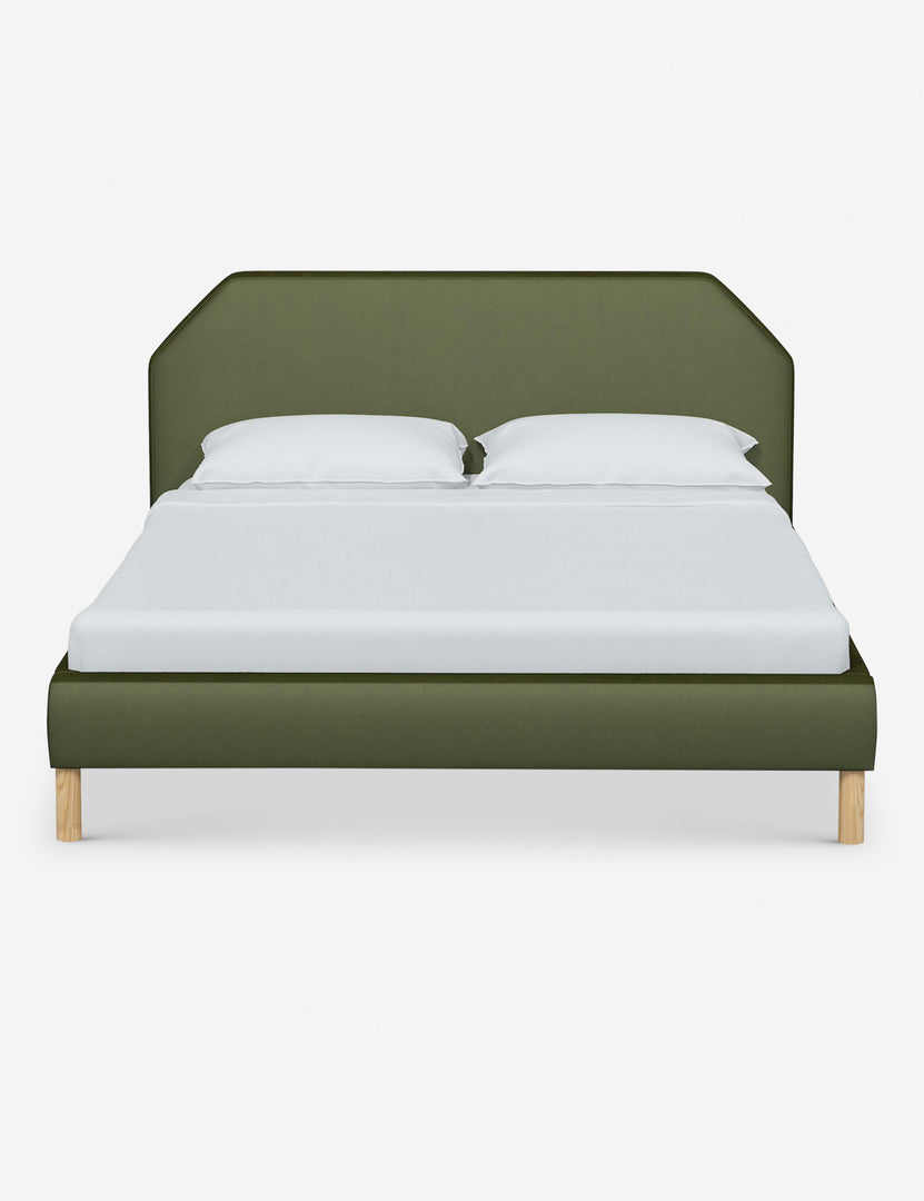 #color::pine-velvet #size::full #size::queen #size::king #size::cal-king | Kipp Pine Green Velvet upholstered platform bed with a geometric headboard and pinewood legs