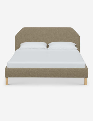 Kipp Pebble Gray Linen upholstered platform bed with a geometric headboard and pinewood legs