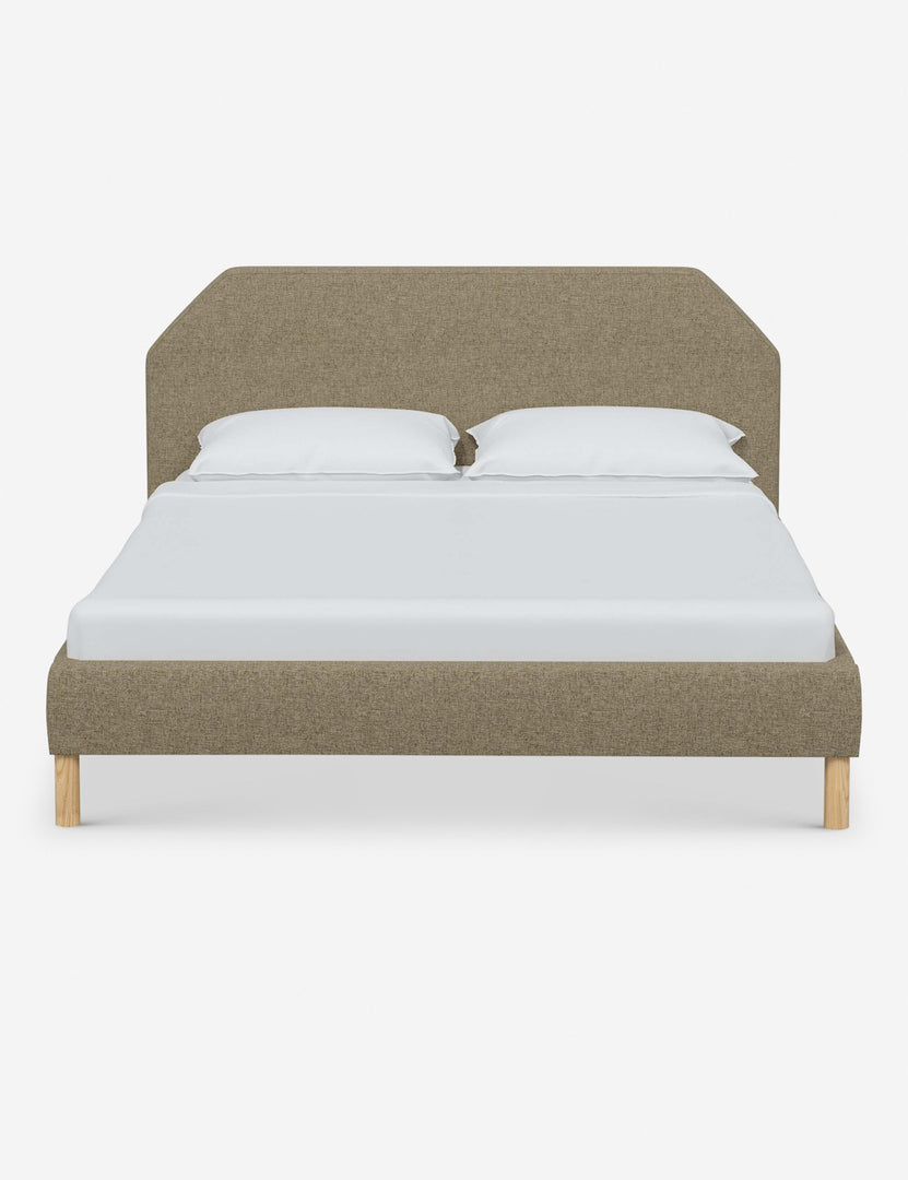 #color::pebble-linen #size::full #size::queen #size::king #size::cal-king | Kipp Pebble Gray Linen upholstered platform bed with a geometric headboard and pinewood legs