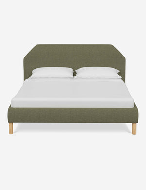 Kipp Sage Green Linen upholstered platform bed with a geometric headboard and pinewood legs
