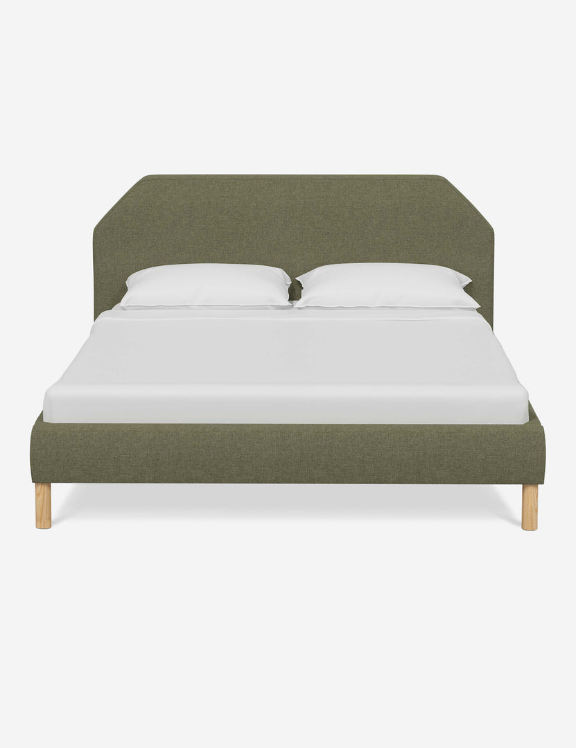 #color::sage-linen #size::full #size::queen #size::king #size::cal-king | Kipp Sage Green Linen upholstered platform bed with a geometric headboard and pinewood legs