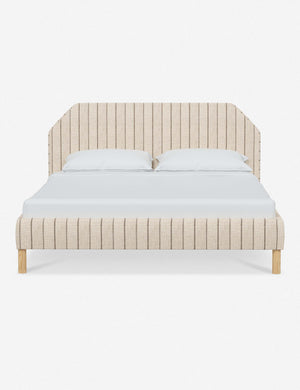 Kipp natural stripe linen upholstered platform bed with a geometric headboard and pinewood legs