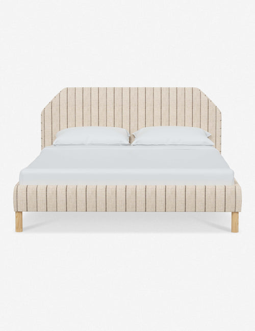 #color::natural-stripe #size::full #size::queen #size::king #size::cal-king | Kipp natural stripe linen upholstered platform bed with a geometric headboard and pinewood legs