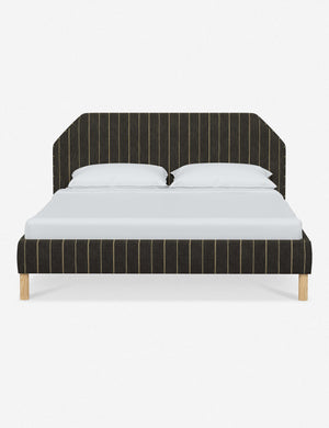 Kipp Peppercorn Stripe Linen upholstered platform bed with a geometric headboard and pinewood legs