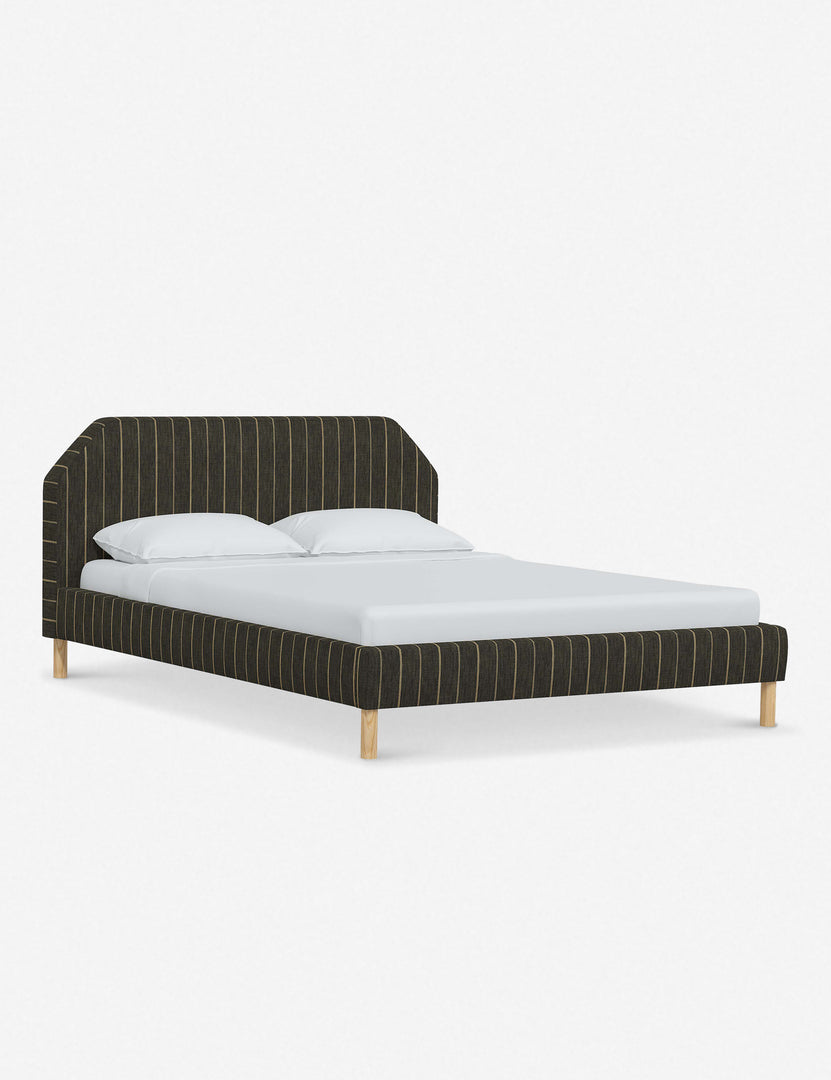 #color::peppercorn-stripe #size::full #size::queen #size::king #size::cal-king | Angled view of the Kipp Peppercorn Stripe Linen platform bed