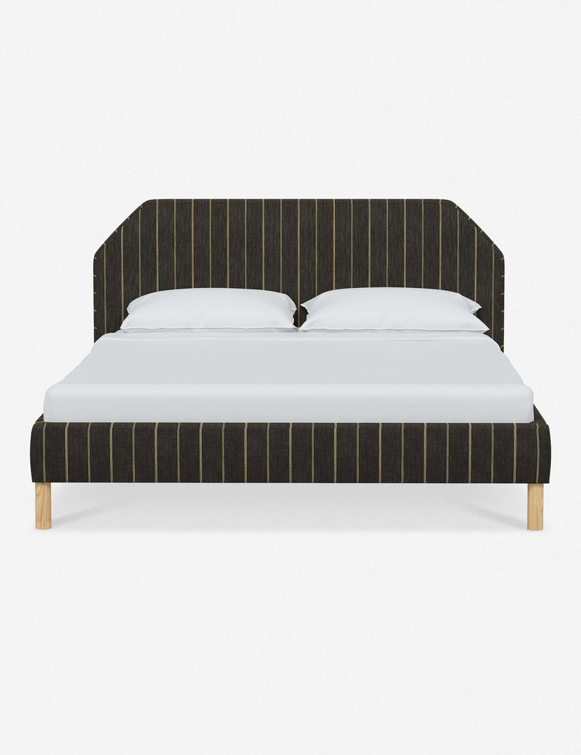 #color::peppercorn-stripe #size::full #size::queen #size::king #size::cal-king | Kipp Peppercorn Stripe Linen upholstered platform bed with a geometric headboard and pinewood legs